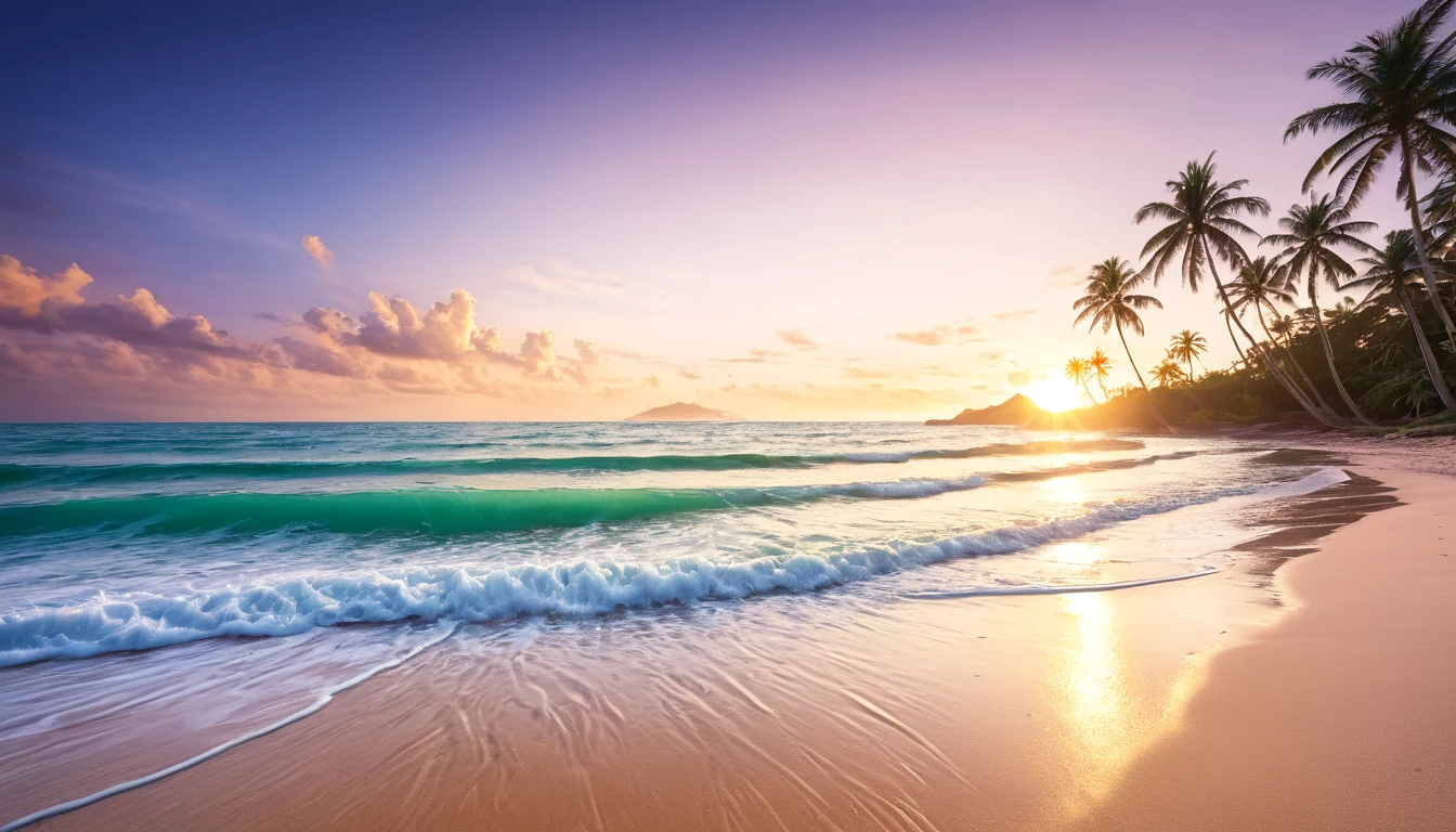 Best Quality, master piece, high resolution, Raw photo, Professional Lighting, high-level image quality, high-detail, masterpiece depicting stunning sunrise on tropical beach with gentle waves and palm trees along the coast。The color palette is vivid、It is necessary to convey a sense of renewal and positive energy.