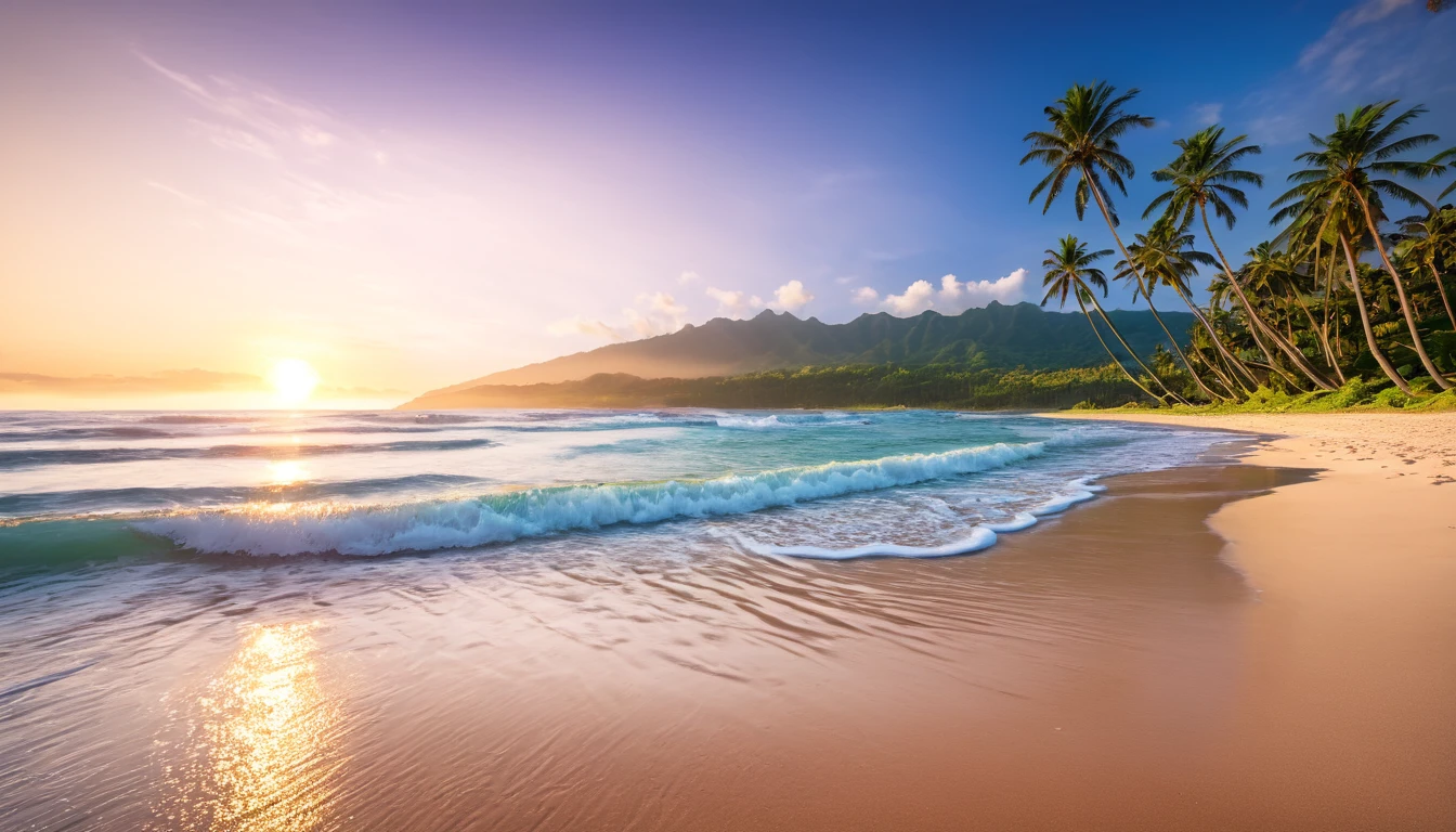 Best Quality, master piece, high resolution, Raw photo, Professional Lighting, high-level image quality, high-detail, masterpiece depicting stunning sunrise on tropical beach with gentle waves and palm trees along the coast。The color palette is vivid、It is necessary to convey a sense of renewal and positive energy.