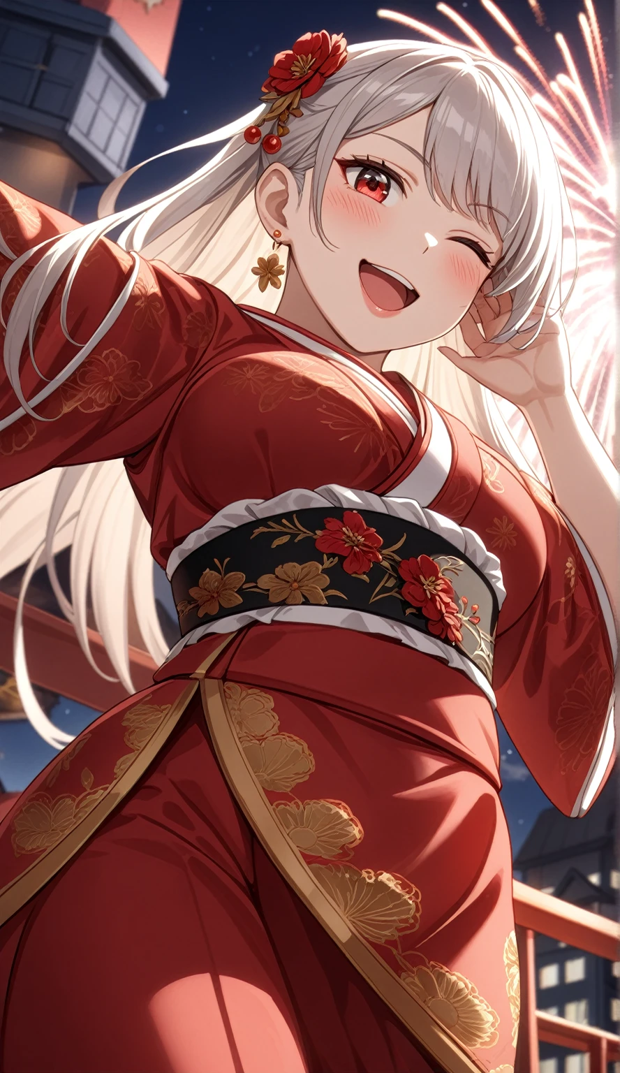 ((One personの女性)), Beautiful Face,Laugh shyly,((Wink:1.9)),Laugh with your mouth wide open((Bright red cheeks:1.4)),Shiny red lips,night,rooftop,Festive decorations,You can see the ocean, firework,Laughing with your mouth open,Glossy pink lips,Facial Lighting,((Anime style background)),masterpiece, Highest quality, so beautiful,Latest, Complex details, (Pink long nails),(ring),(bracelet),(choker),AI-generated, Complex,High resolution, Highest quality, super high quality,3D Images、3D Images,One person,Long white hair,High Ponytail,(White eyes),Anime woman posing for a photo, ((fine grain、Silver-white colorful eyes、Shining Eyes:1.4)),(Squint your eyes:1.1),a hyperRealistic , hyperRealistic , Realistic,Long white hairのアニメ女性, Smooth anime CG art, A woman in a colorful kimono with gold embroidery, (black furisode),Red floral pattern,Long flower hair ornament,big floral earrings,Mature Body,(Big Breasts:1.1),expensive,Abdominal muscles,Tight waist,(Zoom up to face:1.7),Shooting from diagonally below