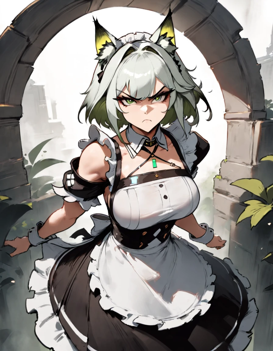 1girl, kal'tsit \(arknights\), arknights \\\\\ masterpiece, best quality, very aesthetic, absurdres, newest \\\\\\ slim body,///// ,by nyantcha,cutesexyrobutts , by khyle,,////// beautiful face, sexy, serious, angry, green eyes, animal ears, big tits,victorian maid
, solo,maid uniform, ,skirt, black and white clothes, white background