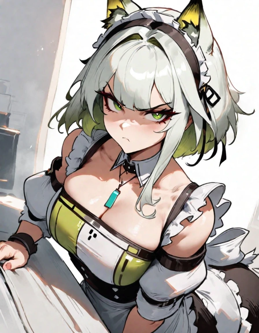 1girl, kal'tsit \(arknights\), arknights \\\\\ masterpiece, best quality, very aesthetic, absurdres, newest \\\\\\ slim body,///// ,by nyantcha,cutesexyrobutts , by khyle,,////// beautiful face, sexy, serious, angry, green eyes, animal ears, big tits,victorian maid
,  solo,maid uniform, ,skirt, black and white clothes, white background