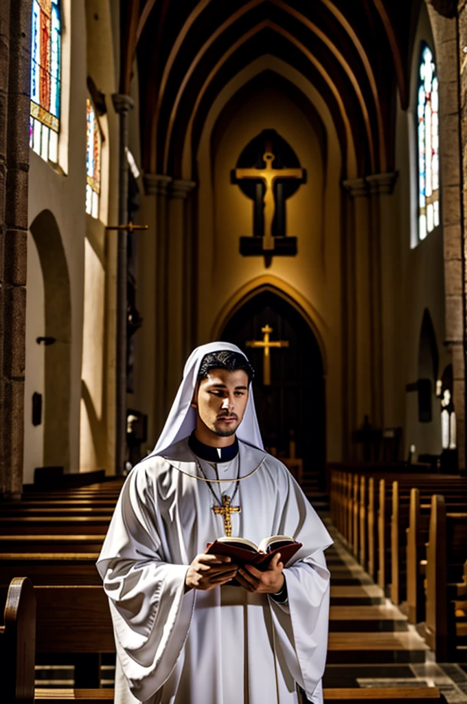 CHOI SAN DE ATEEZ DRESSED AS A PRIEST WITH A BIBLE AND ROSARY IN HIS HAND INSIDE THE CHURCH 