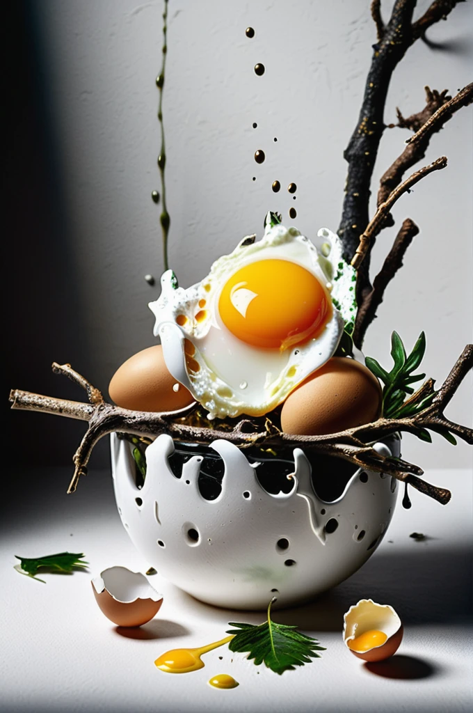 a surreal still life that mixes food and nature. fried eggs on twigs in a white vase, yolks dripping dripping, dark textured background, quail eggshells scattered on the base, botanical leaves, 3d photorealism concept, inspired by the art of Giuseppe Arcimboldo, work of art