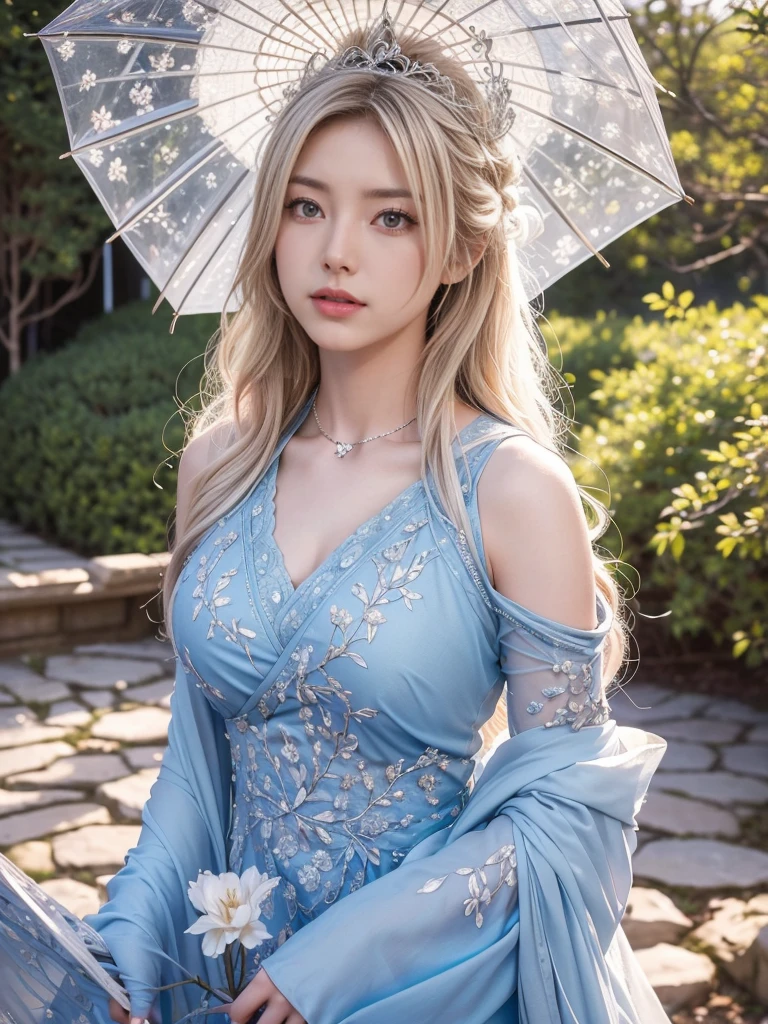 A cinematic landscape photograph featuring an elegant and charming Japanese woman. She has a slight smile and flowing blonde hair in a layered cut, gently blown by the wind. She is dressed in an intricately embroidered royal gown, adorned with a sparkling crown. She holds a transparent umbrella delicately in one hand. The setting is a beautiful garden filled with azalea trees in full bloom during autumn. The scene is enhanced with the magical effect of sky blue purple mixed gracefully creating a mesmerizing and ethereal atmosphere.