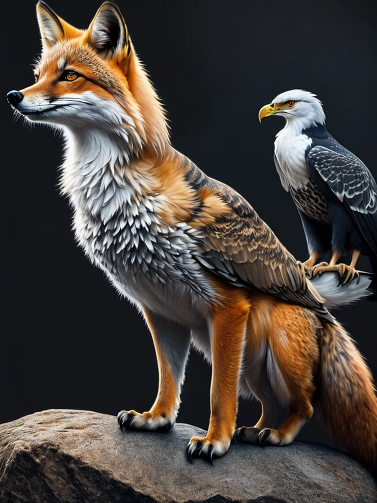 A fox mischievously watching the eagle perched on the rock., colorful, yang08k, photography, beautiful, black background, masterpieces, top quality, best quality, official art, beautiful and aesthetic, realistic, tattoo style
