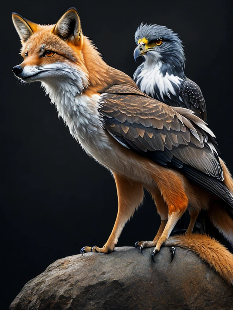 A fox mischievously watching the eagle perched on the rock., colorful, yang08k, photography, beautiful, black background, masterpieces, top quality, best quality, official art, beautiful and aesthetic, realistic, tattoo style