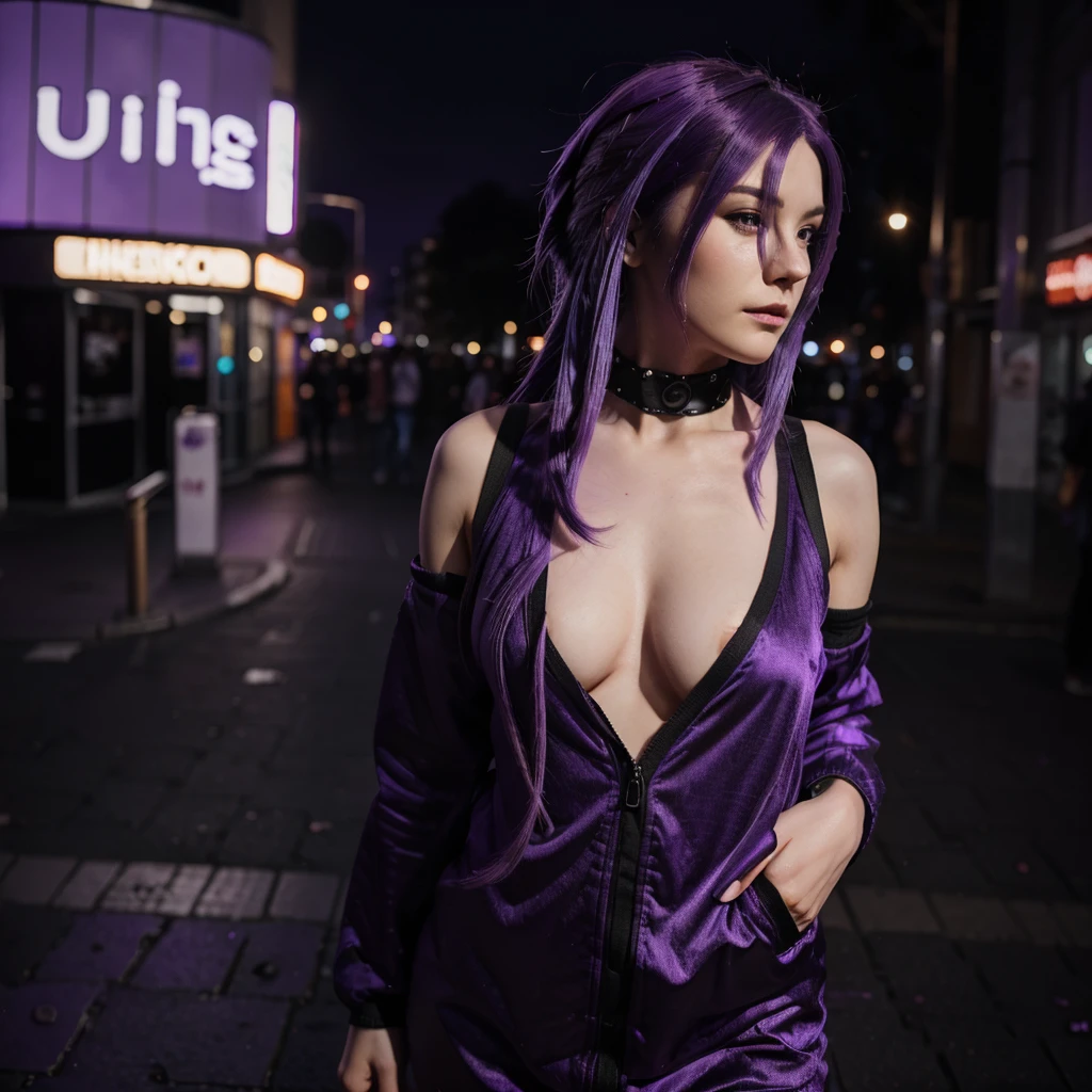 (((Purple hair))) half-figure shot of a woman, night city background, photo realistic, 8k