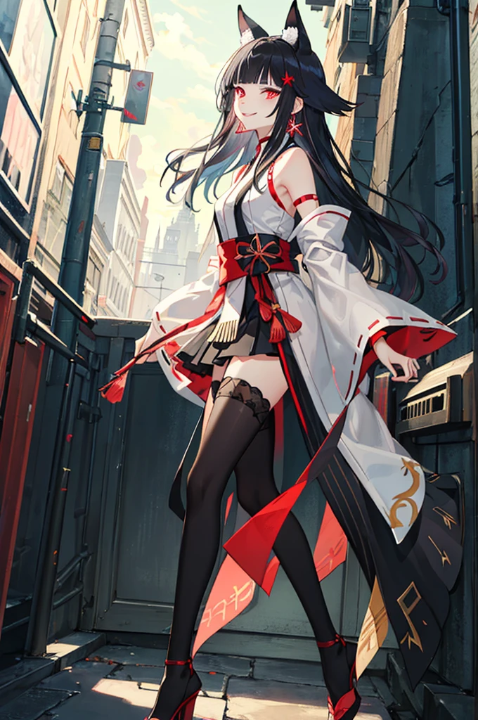 [(detailed Background:1.4)::5],Original,(Illustration:1.1),(Best Quality),(masutepiece:1.1),(the Extremely Detailed CG Unity 8K Wallpapers:1.1), (Colorful:0.9),(mid-shot:0.95),(very detailed beautiful full body),Dynamic Angle,(Solo:1.2), (girl),(((Adult))), (Detailed beautiful eyes:1.15), (Beautiful face:1.15), (glowing red eyes:1.25////),(black hair),paleskin，Pink pupils，Red bow，amaryllis，((Evil smile))，Crystal earrings on the ears，Raven feather skirt,full body,wearing miko thighhighs,((black long hair)),black long hair,night,slim body,thin legs,slender,