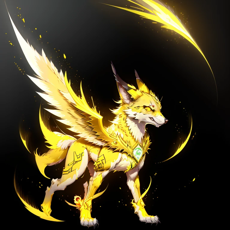 (1 wolf) full body, a white eyed yellow wolf, a winged four pointy ears yellow wolf with yellow lightning, yellow spike feathers, yellow spike wings, yellow energy around, yellow thunderstorm background, yellow electricity