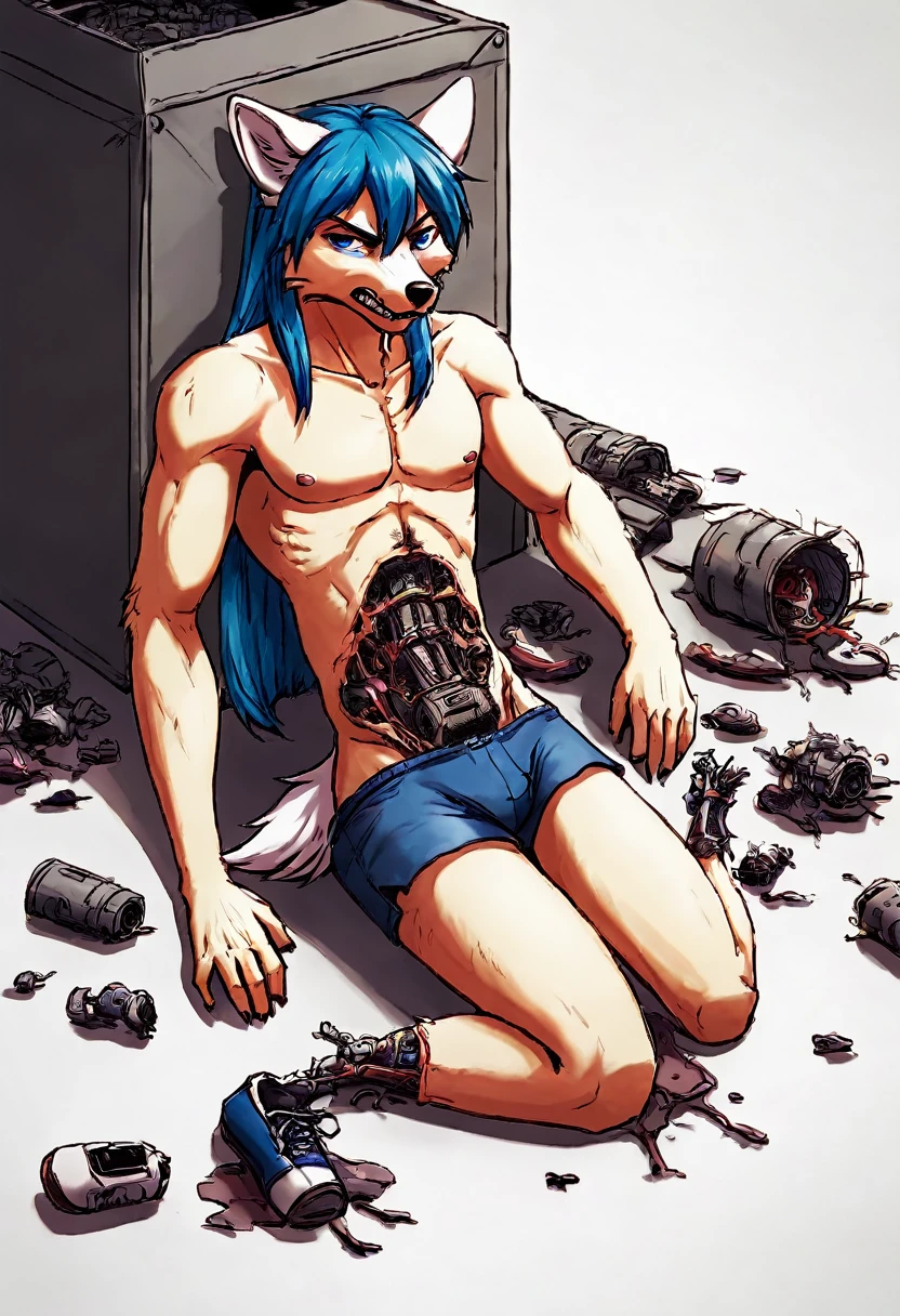 score_9, score_8_up, score_7_up, score_6_up BREAK furry, anthro, source furry, uploaded on e621 BREAK barcode tattoos on the body, (robot, android, mechabare:1.6, severed limbs, severed arms, severed legs, guro, amputee, dismembered, dismemberment, broken, damaged, heavily damaged, destroyed), solo, male, adult, extremely muscular, thin waist, white arctic fox, white fur, short messy dark blue hair, detailed eyes, hard nipples, cargo shorts, component, mechanical parts, mechanical component, sitting, sitting on the ground, leaning back to box, pile of trash, in the trash dumping ground, trash dumping ground background, angry expression, looking away, BREAK good quality, best quality, high quality, high definition, hd, 4k, 8k, masterpiece, intricate, extremely intricate, intricate details