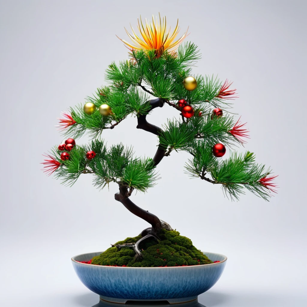 chinese ikebana looking a little like Christmas tree, high quality, ultra hd, very vibrant and colored, high resolution, super cinematic
