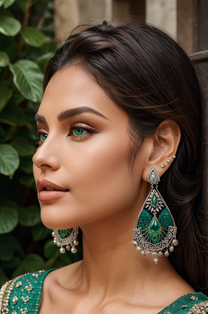A woman wearing Pure silver big earrings with peacock design witha touch of green stones studded and red stones for the eyes