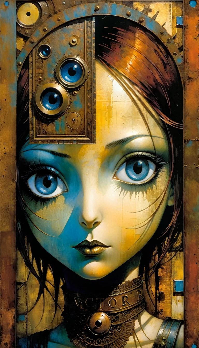 blue rusty metallic word, eyes come out of sign, word: "VICTOR" (Dave Mckean inspired art, intricate details, oil painting)
