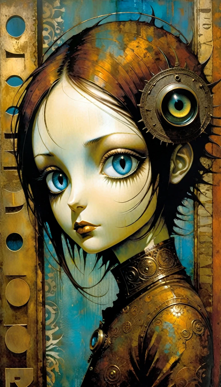 blue rusty metallic word, eyes come out of sign, word: "VICTOR" (Dave Mckean inspired art, intricate details, oil painting)