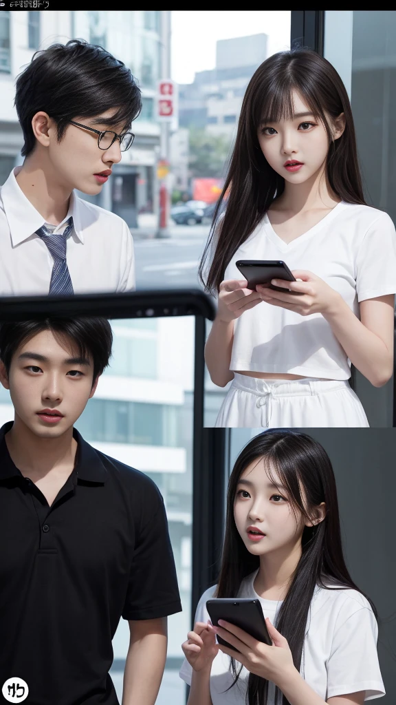 (high quality), (SFW:1.2), split screen, delinquent, Mature high school girl and Korean adult man enjoying smartphone chatting app, Her smartphone display shows a number of adult Korean men having a conversation with a high school girl..., Chat language is English., The men are waiting for her reaction, pop-up window, there'still, The man is asking her to chat on his smartphone screen. Chat takes place alternately between women and men....