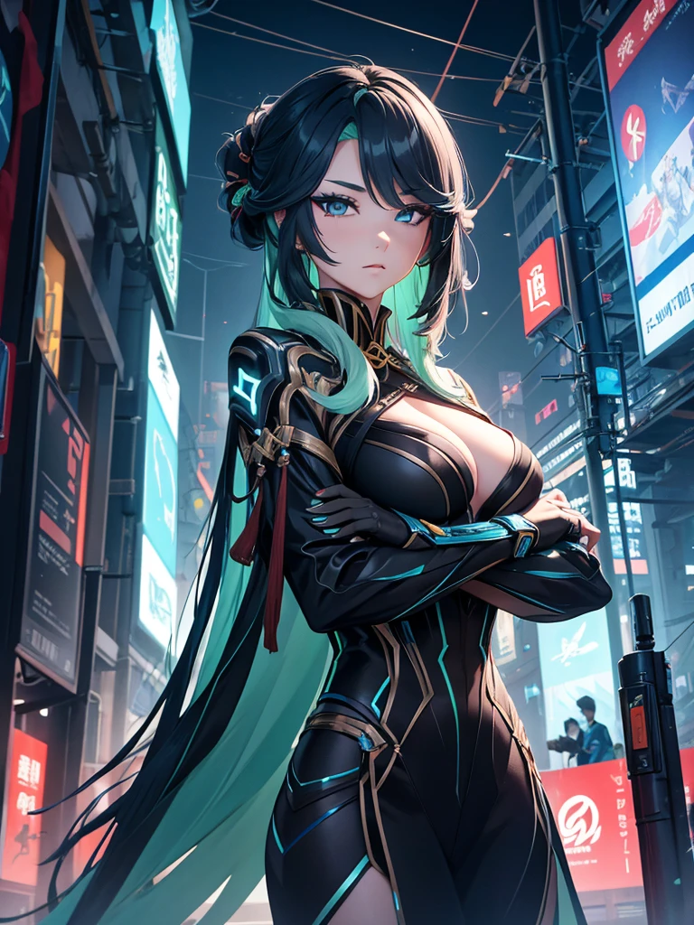 Xianyun, 1women, wearing a futuristic outfit, cyberpunk outfit, at a future city, cyberpunk look, black colour hair, 8k, high detailed, high quality
