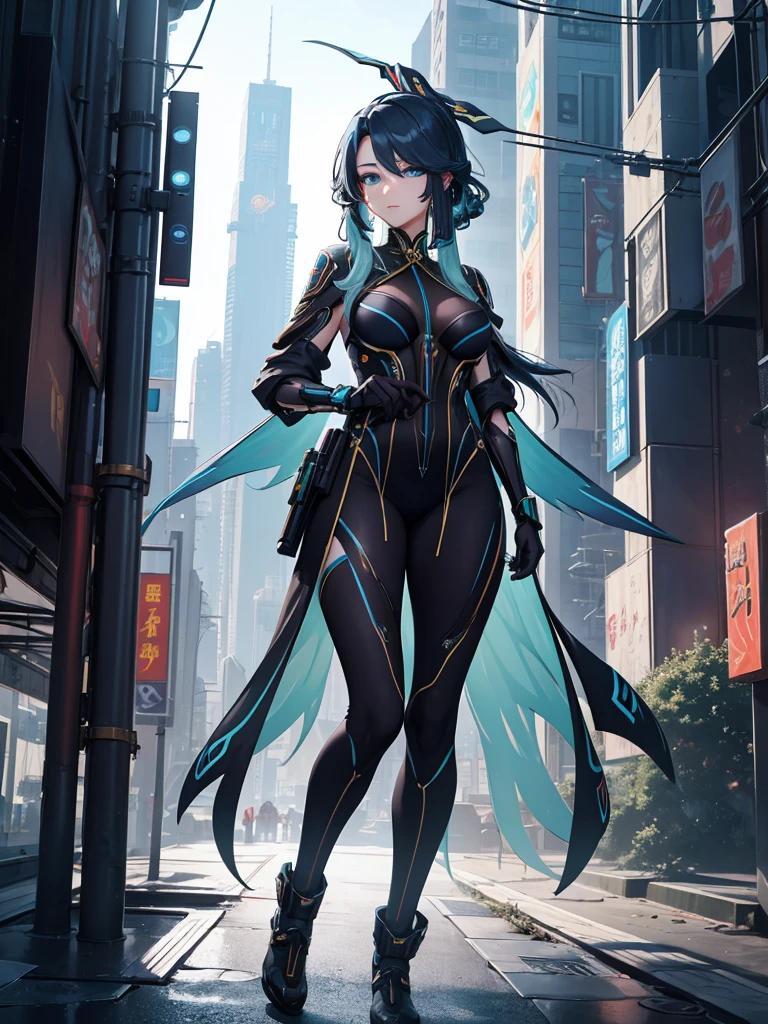 Xianyun, 1women, wearing a futuristic outfit, cyberpunk outfit, at a future city, cyberpunk look, black colour hair, 8k, high detailed, high quality