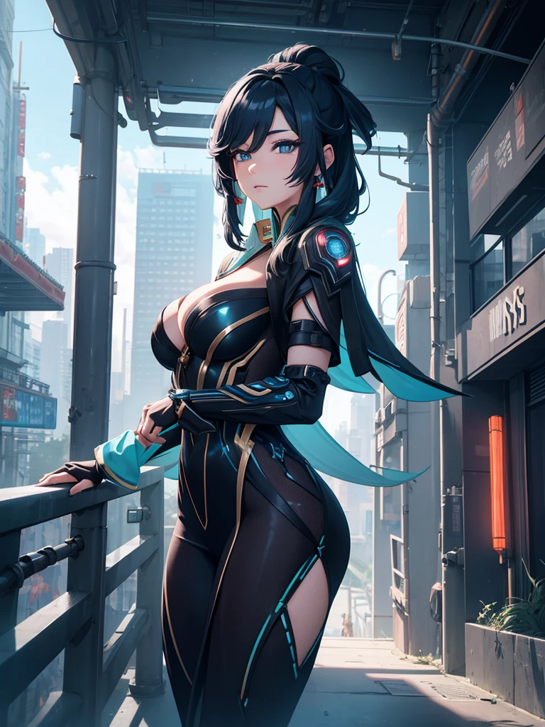 Xianyun, 1women, wearing a futuristic outfit, cyberpunk outfit, at a future city, cyberpunk look, black colour hair, 8k, high detailed, high quality