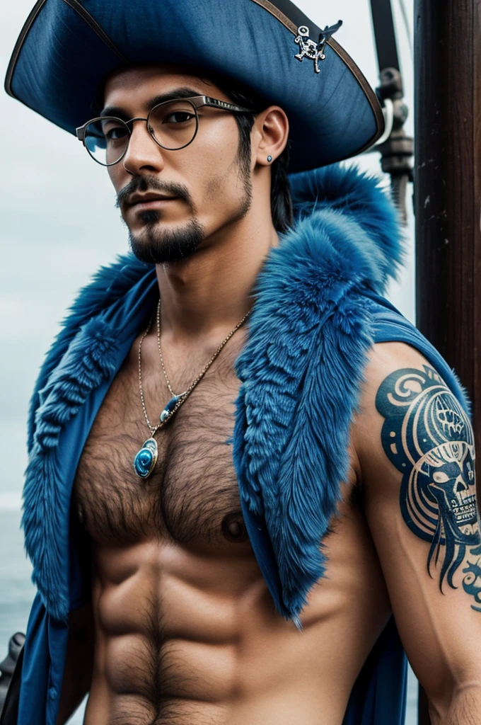 man ,blue fur, Horse tail, pirate, Pircing, jellyfish, , glasses , tatuajes de jellyfish, anime
