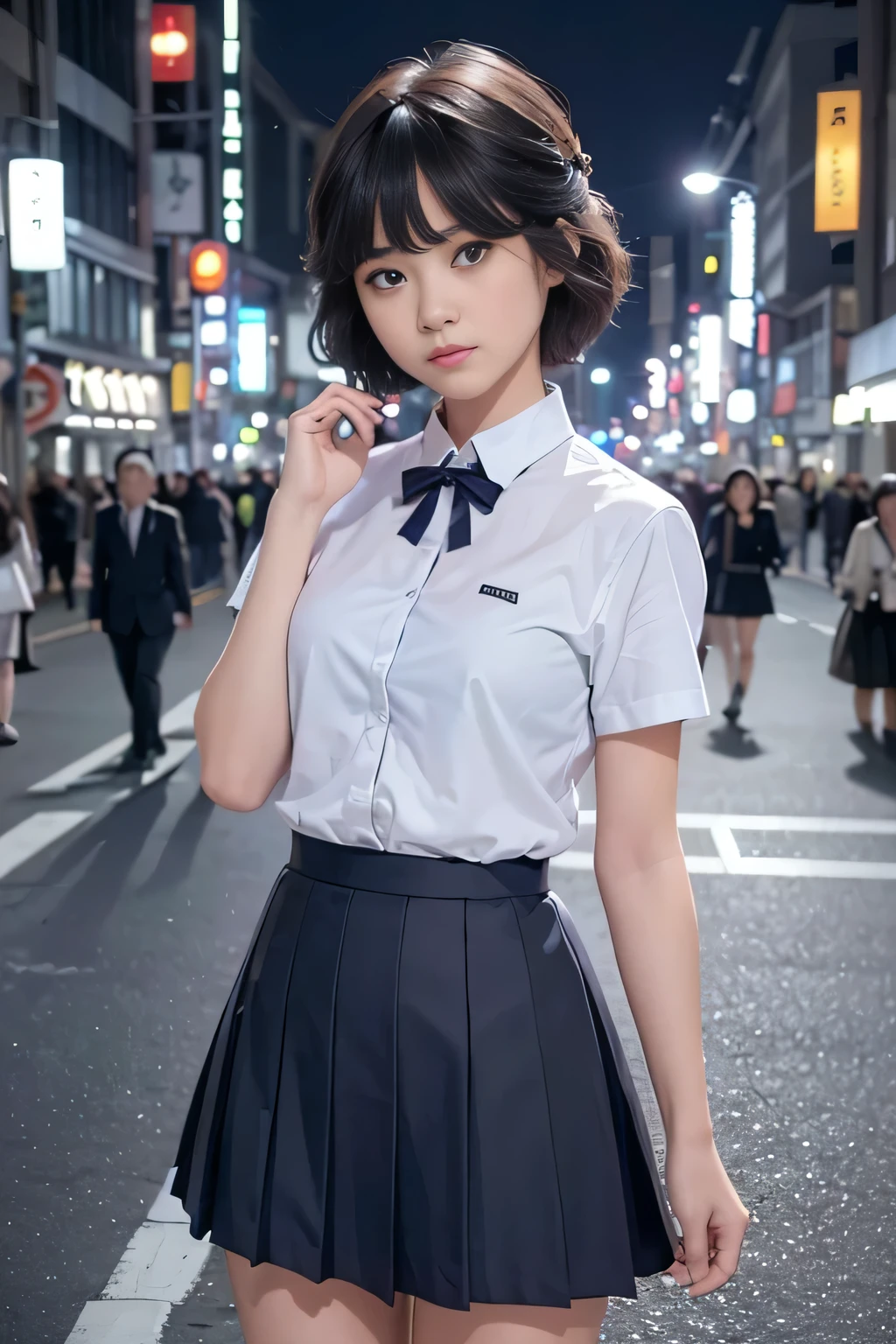 (8K, RAW Photos, masterpiece:1.3), (Realistic, photo-Realistic:1.37), (night), (View your viewers:1.331), (Gray Hair), Pause, Tokyo Street, nightcityscape, Cyberpunk City, Soft Light, One girl, Very beautiful face, bust, Put your hands down, Random hairstyle, Random representation, Big eyes, Lower abdomen, (Short sleeve .ＪＫ_shirt), ＪＫ_style, (dark blue ＪＫ_skirt), (bow ＪＫ_tie), Mix 4., Highest quality