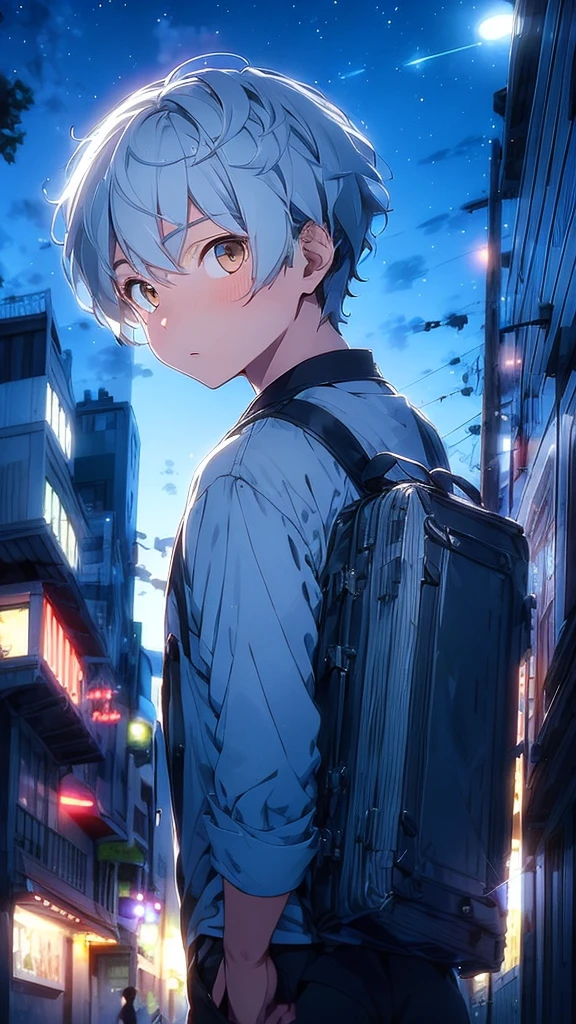 A half-body portrait of a teenage  boy with Smoky white hair, brown eyes ,wearing black suit. look back at the half-body image. look back. city view at night