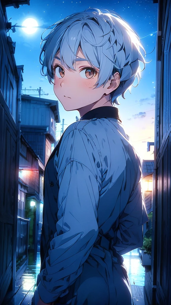 A half-body portrait of a teenage  boy with Smoky white hair, brown eyes ,wearing black suit. look back at the half-body image. look back. city view at night