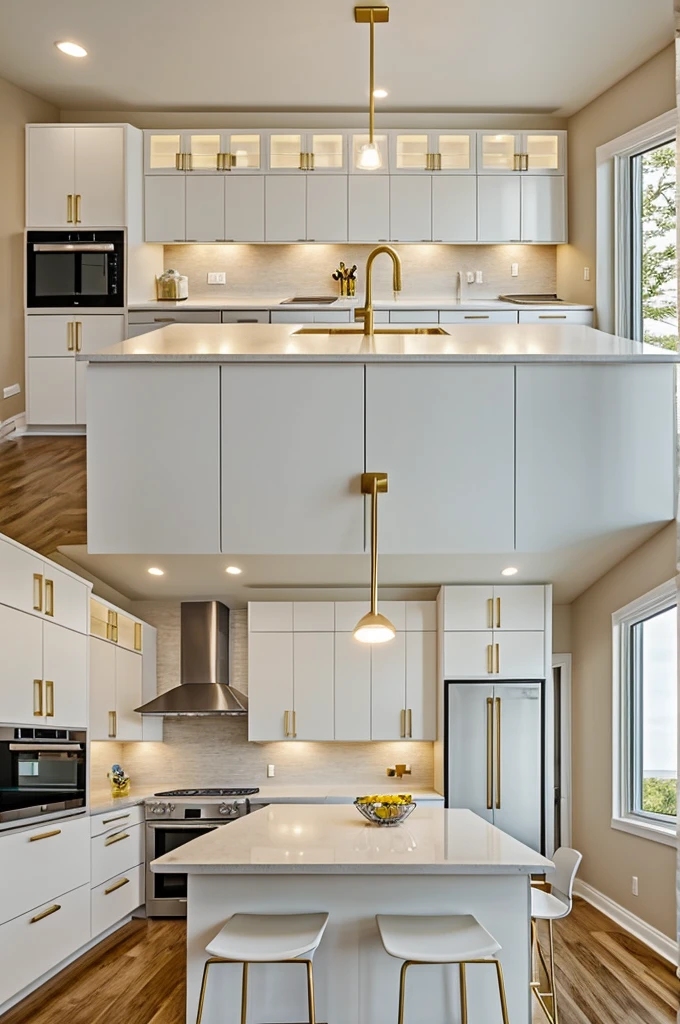 kitchen with white shaker-style cabinets that go to the ceiling, a center island with a white quartz countertop and bar chairs with gold legs. The island has a sink and space for food preparation, with golden hanging lamps above. The walls are a light beige tone and there is a large window that lets in a lot of natural light. The appliances are stainless steel, and there are LED lights under the cabinets to illuminate work surfaces.