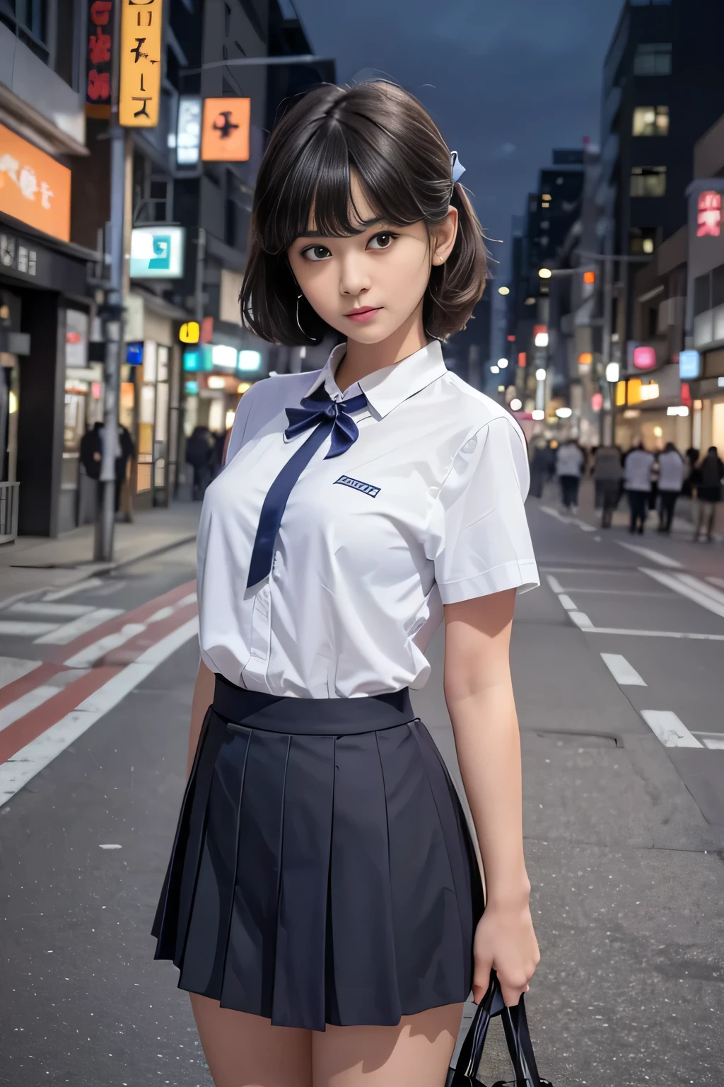 (8K, RAW Photos, masterpiece:1.3), (Realistic, photo-Realistic:1.37), (night), (View your viewers:1.331), (Gray Hair), Pause, Tokyo Street, nightcityscape, Cyberpunk City, Soft Light, One girl, Very beautiful face, bust, Put your hands down, Random hairstyle, Random representation, Big eyes, Lower abdomen, (Short sleeve .JK_shirt), JK_style, (dark blue JK_skirt), (bow JK_tie), Mix 4., Highest quality