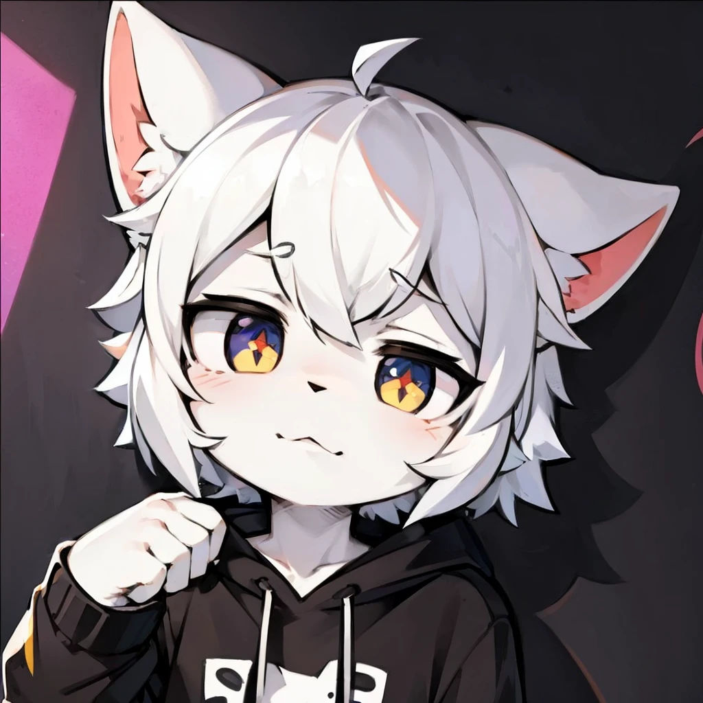 black cat,hairy,furry,Colorful Patterned White Sweatshirt,Black casual pants with white stripes,Q version,cute,Simple art style,Cartoon style,There is little love in the eyes,black pupils,White hair on paws,Black hair on ears, white hair on ear tips,black hair on back,Black tail with white tip,side,dislike,qwq face,sad,Colorful graffiti background, the pupils of the eyes are kinda broken just fix these