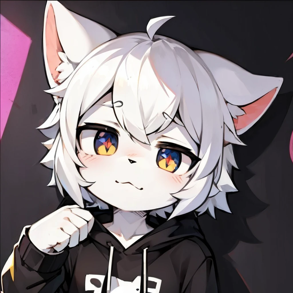 black cat,hairy,furry,Colorful Patterned White Sweatshirt,Black casual pants with white stripes,Q version,cute,Simple art style,Cartoon style,There is little love in the eyes,black pupils,White hair on paws,Black hair on ears, white hair on ear tips,black hair on back,Black tail with white tip,side,dislike,qwq face,sad,Colorful graffiti background, the pupils of the eyes are kinda broken just fix these