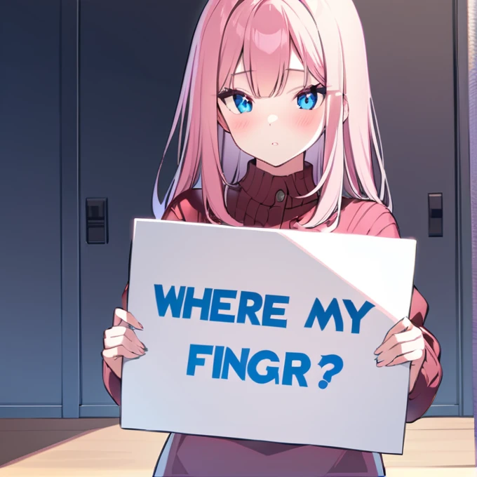 a beautiful woman holding a sign saying "WHERE ARE MY FINGERS?"