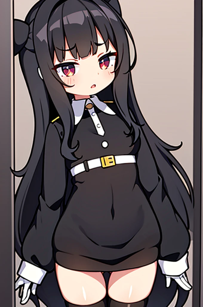 18 year old girl, large eyes, big eyelashes, thin eyebrows, half full cheeks, thick lips, curly black hair with accessories , using a long-sleeved crop top, showing the ass, pussy, calcetas largas blancas, black tennises, using gloves