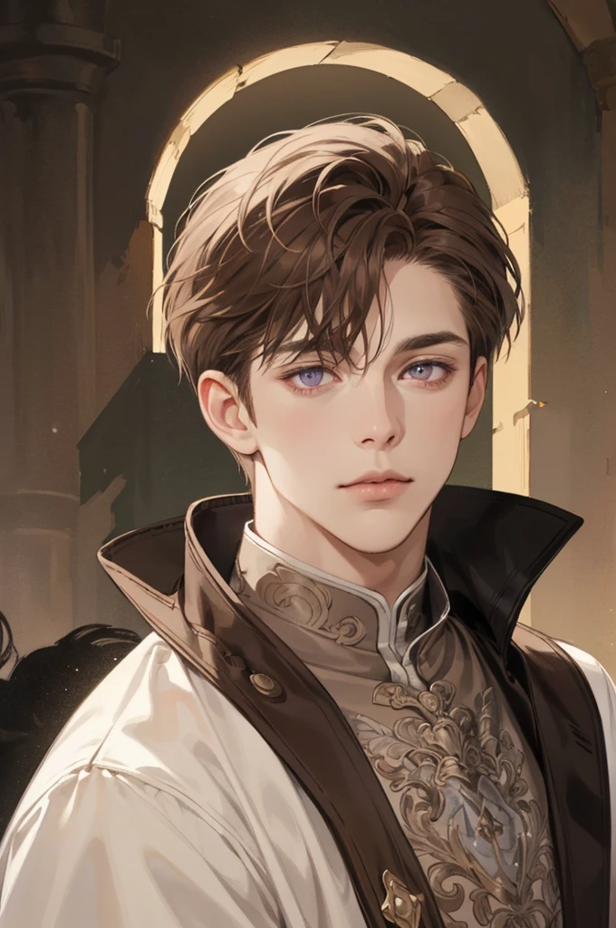 (Best quality),adult, age 38 years old, 1 manly, male, mature, very tall, elegant, (((very short dark light brown hair))), violet eyes, perfect eyes, light brown hair, medieval fantasy style, richly textured background, soft lighting, portrait style, painting style, deep colors, half body, perfect, half body, big body