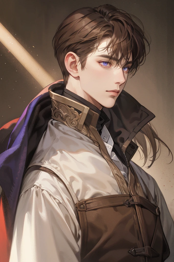 (Best quality),adult, age 38 years old, 1 manly, male, mature, very tall, elegant, (((very short dark light brown hair))), violet eyes, perfect eyes, light brown hair, medieval fantasy style, richly textured background, soft lighting, portrait style, painting style, deep colors, half body, perfect, half body, big body