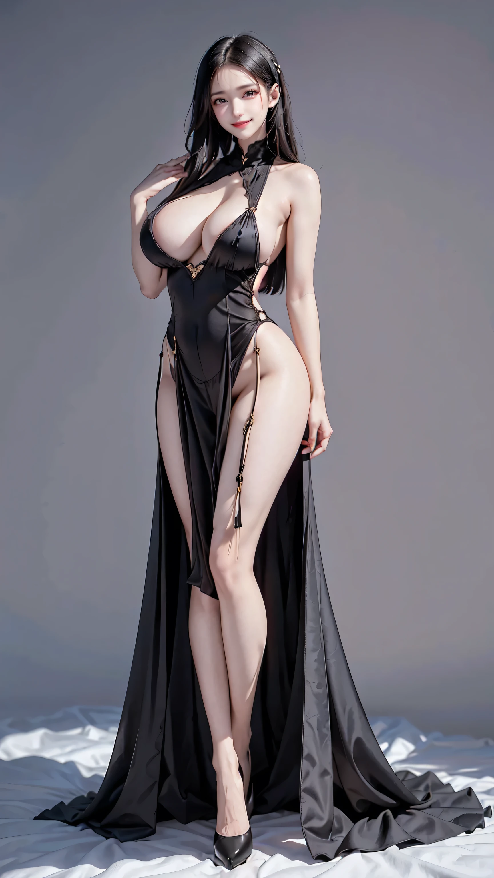 see through clothes(Full body female love:1.3),best quality, masterpiece, ultra high resolution, (lifelike:1.4), original photo, 1 female,18 years old, black hair, big eyes, Detailed eyes and face,huge breasts,split,long legs,Belted robe open ,bare shoulder,no underwear:1.5,see through clothes,Hollow material white clothes,kitchen:1.3,Smile、sleeveless costume、Extremely revealing clothing、((A young but sexually attractive girl)), Seductive pose, (camel toe), A thin body with big and ass