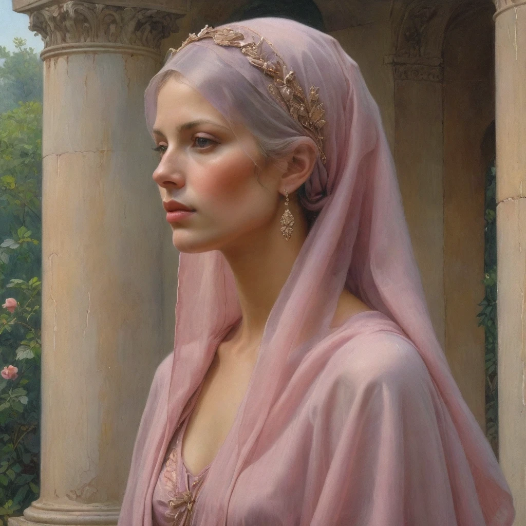 Masterpiece, ((realistic)), (propaganda poster), (((Moebius Jean Giraud))), ((((profile portrait of a veiled roman woman, young, priestess, dignified, proud, arrogant, wearing silk pink and mauve robes with detailed moth, rose elements, muted colors)))), (((Corinthian columns, jungle background, moths)))