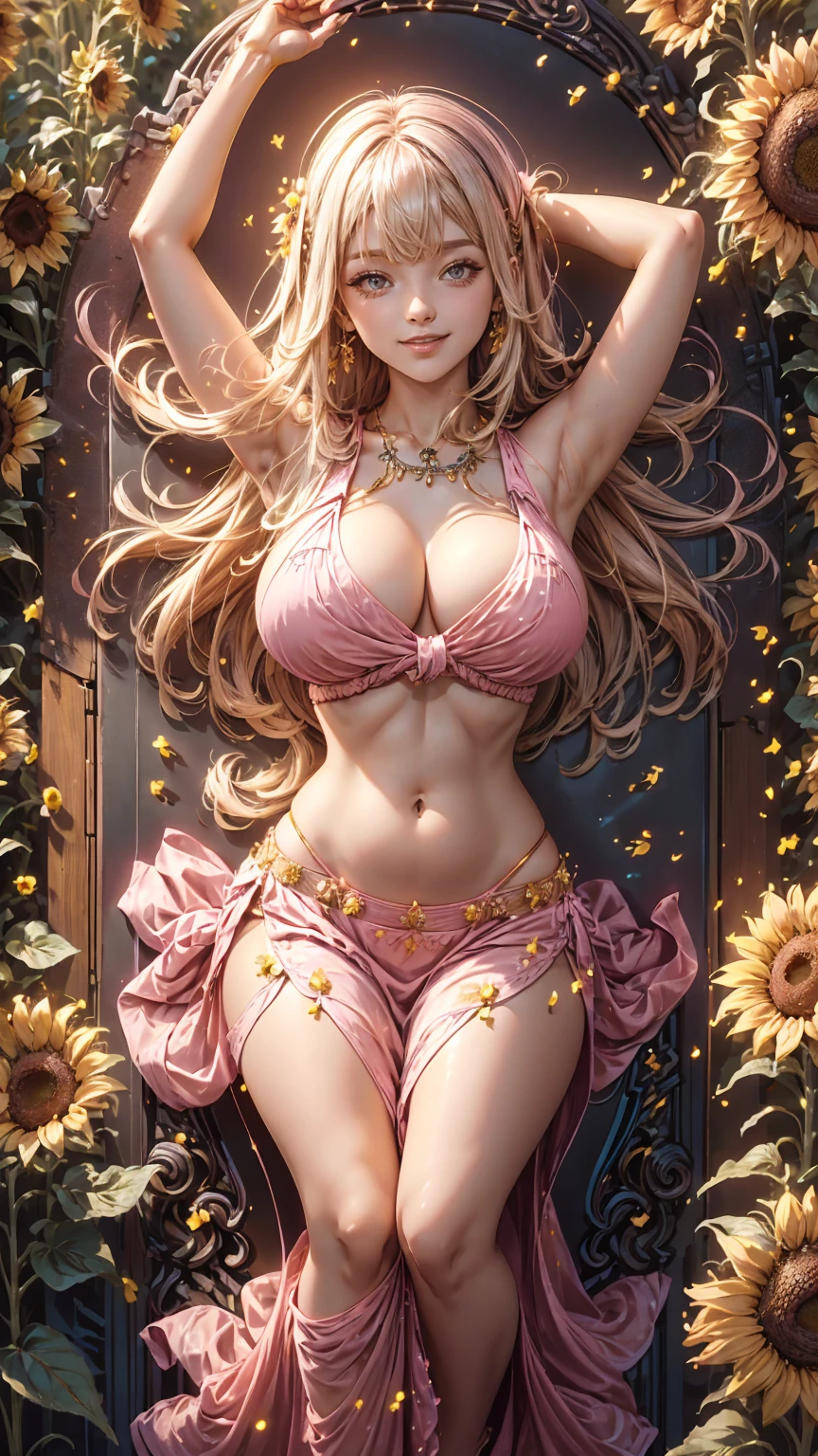 a woman in a pink dress standing in a field of sunflowers, smiley face smile on face, huge breasts, hot body curves, gracefully belly dancing pose, angel doing yoga in temple, photo of slim girl, beautiful woman body, photo of slim girl model, super model, style of beautiful body, yoga meditation pose, movie stills, beautiful fashion model body