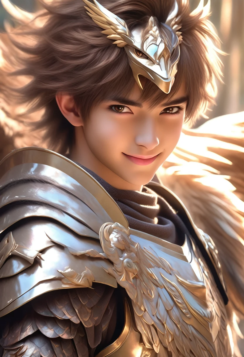 young male in hd alone, no nudism, japanese anime with smile wearing male mythological pegasus armor anime, ultra realistic smile at the camera bright eyes young brown hair solo man wearing armor with pegasus features in full hd