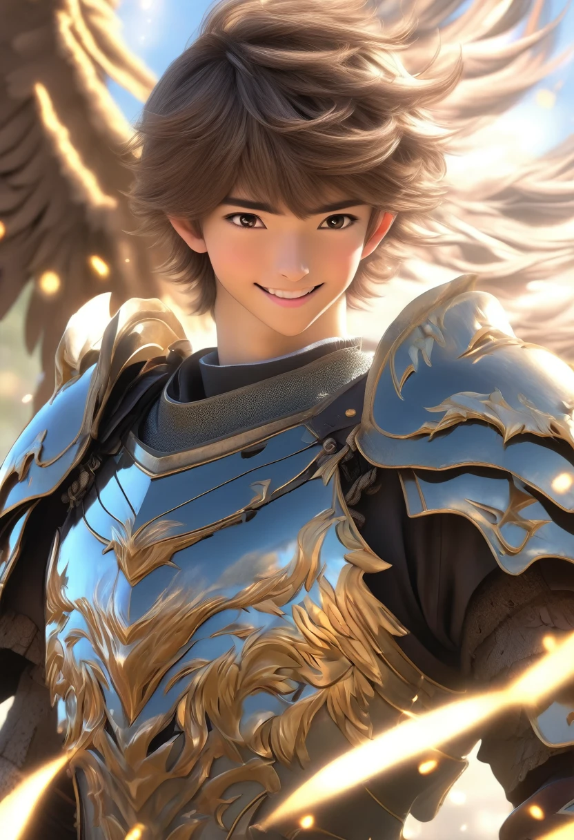 young male teen in hd alone, no nudism, japanese anime with smile wearing male mythological pegasus armor anime, ultra realistic smile at the camera bright eyes young brown hair solo man wearing armor with pegasus features in full hd