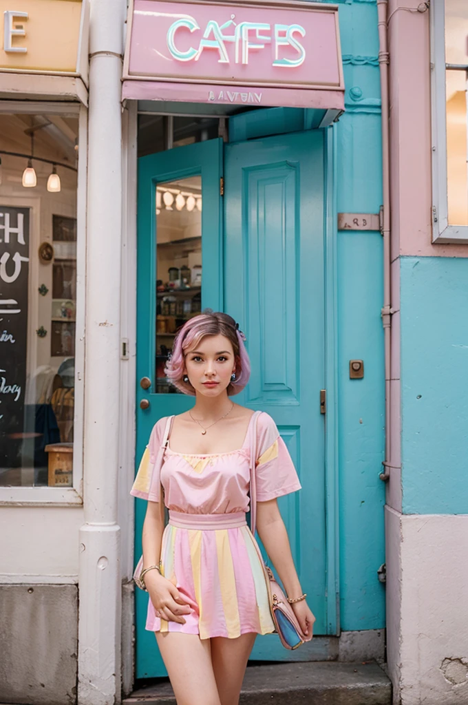 beautiful retro cafe bright light pastel colors
