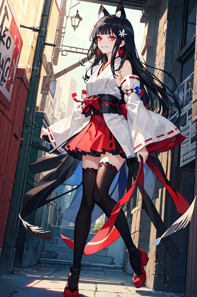 [(detailed Background:1.4)::5],Original,(Illustration:1.1),(Best Quality),(masutepiece:1.1),(the Extremely Detailed CG Unity 8K Wallpapers:1.1), (Colorful:0.9),(mid-shot:0.95),(very detailed beautiful full body),Dynamic Angle,(Solo:1.2), (girl),(((Adult))), (Detailed beautiful eyes:1.15), (Beautiful face:1.15), (glowing red eyes:1.25////),(black hair),paleskin，Pink pupils，Red bow，amaryllis，((Evil smile))，Crystal earrings on the ears，Raven feather skirt,full body,wearing miko thighhighs,((black long hair)),black long hair,night,slim body,thin legs,slender,