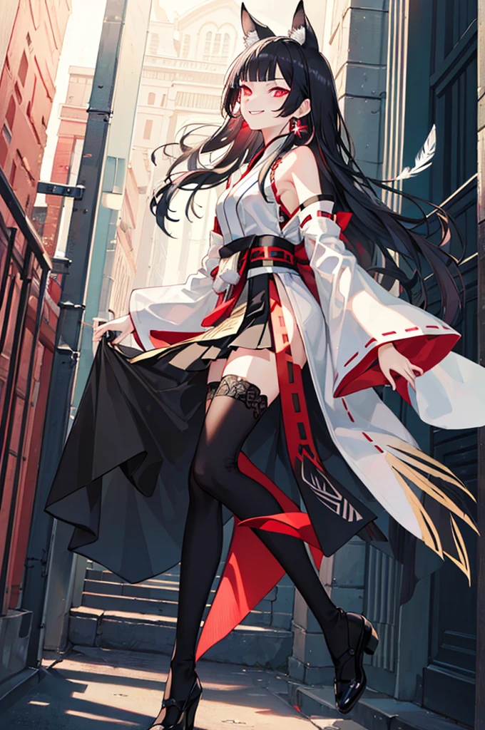 [(detailed Background:1.4)::5],Original,(Illustration:1.1),(Best Quality),(masutepiece:1.1),(the Extremely Detailed CG Unity 8K Wallpapers:1.1), (Colorful:0.9),(mid-shot:0.95),(very detailed beautiful full body),Dynamic Angle,(Solo:1.2), (girl),(((Adult))), (Detailed beautiful eyes:1.15), (Beautiful face:1.15), (glowing red eyes:1.25////),(black hair),paleskin，Pink pupils，Red bow，amaryllis，((Evil smile))，Crystal earrings on the ears，Raven feather skirt,full body,wearing miko thighhighs,((black long hair)),black long hair,night,slim body,thin legs,slender,