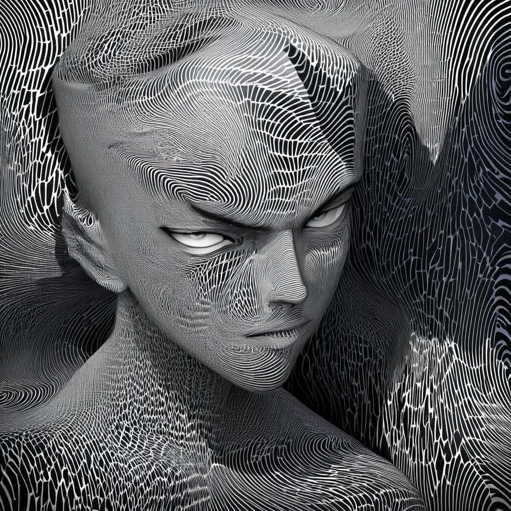 Create a high-contrast black and white portrait of a rebellious-looking young man, presenting striking facial features and an intense gaze. The background should have hypnotic spiraling patterns that add a surreal and dramatic effect. The overall style should resemble noir comic book art, with bold lines and deep shadows.