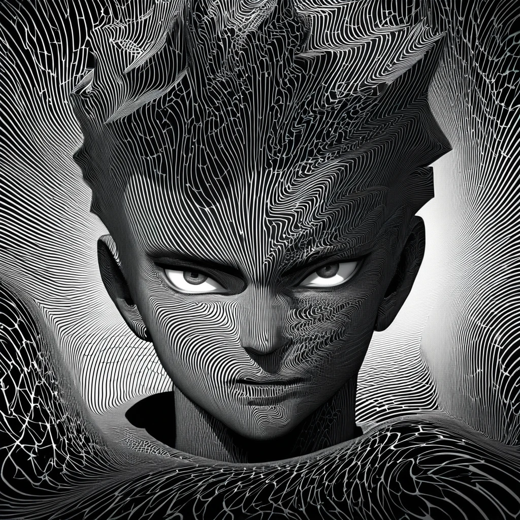 Create a high-contrast black and white portrait of a rebellious-looking young man, presenting striking facial features and an intense gaze. The background should have hypnotic spiraling patterns that add a surreal and dramatic effect. The overall style should resemble noir comic book art, with bold lines and deep shadows.