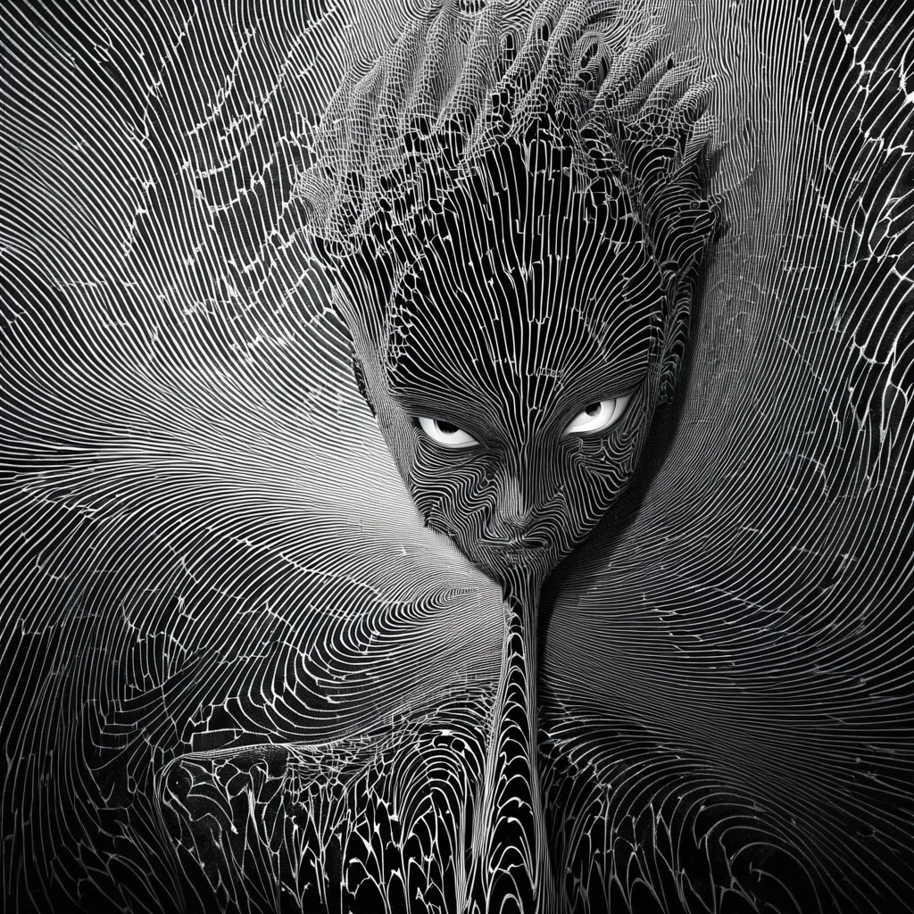 Create a high-contrast black and white portrait of a rebellious-looking young man, presenting striking facial features and an intense gaze. The background should have hypnotic spiraling patterns that add a surreal and dramatic effect. The overall style should resemble noir comic book art, with bold lines and deep shadows.