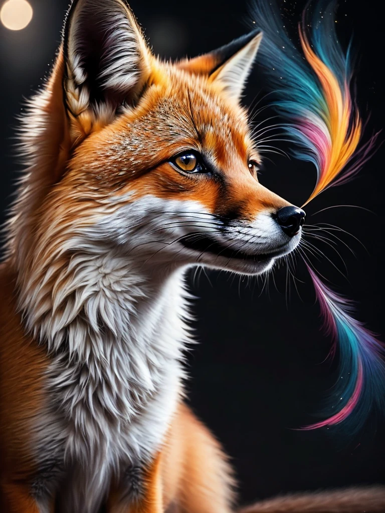 A fox mischievously which take a plume , colorful, yang08k, photography, beautiful, black background, masterpieces, top quality, best quality, official art, beautiful and aesthetic, realistic, tattoo style