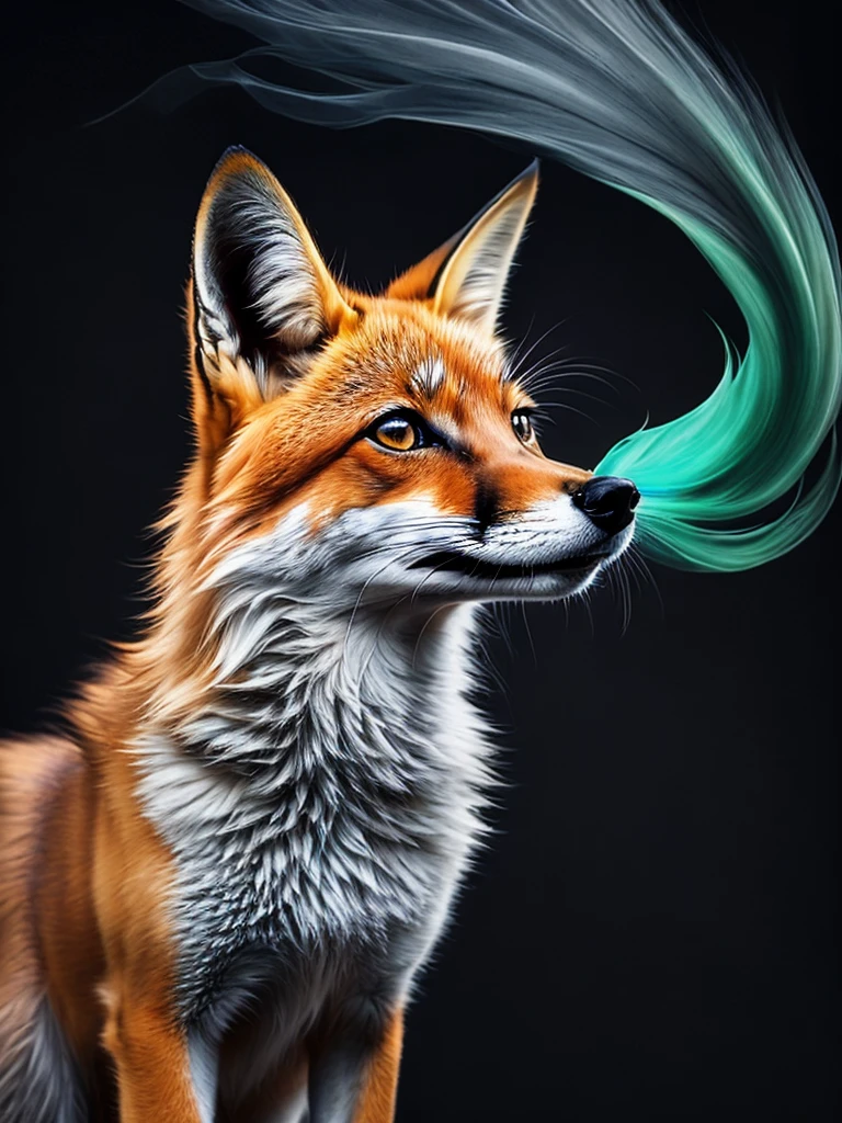 A fox mischievously which take a plume , colorful, yang08k, photography, beautiful, black background, masterpieces, top quality, best quality, official art, beautiful and aesthetic, realistic, tattoo style