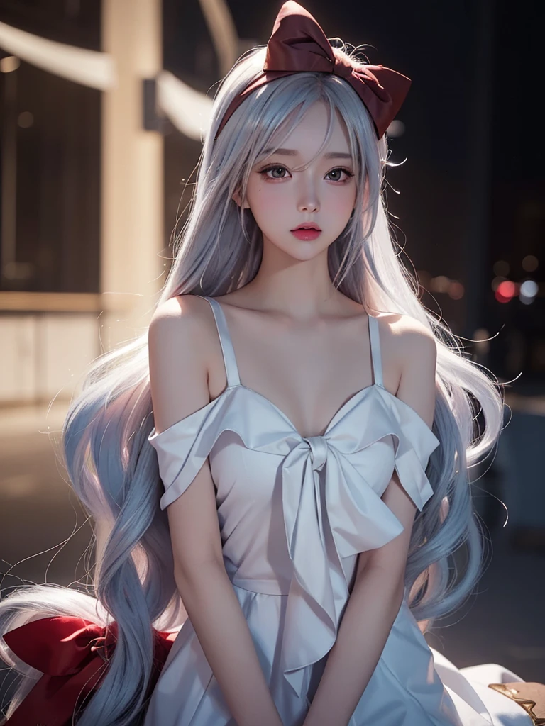 (masterpiece:1.1), (detailed:1.1), ((1girl)), (8k), medium breasts, anime girl with long silver hair, perfect platinum haired girl, seductive anime girl, girl with platinum hair, beautiful anime girl, photorealistic anime, realistic young anime girl, hyper realistic anime, realistic anime 3 d style, attractive anime girl, smooth anime cg art, anime girl, beautiful anime woman, silver haired, (brown eyes), (red bow), (cute face), rosy cheeks, (detailed face), (detailed eyes), (look like sinestrea arena of valor), (sinestrea from arena of valor), (beautiful face), full body shot, skin white, (eye left blue), (eye right brown)