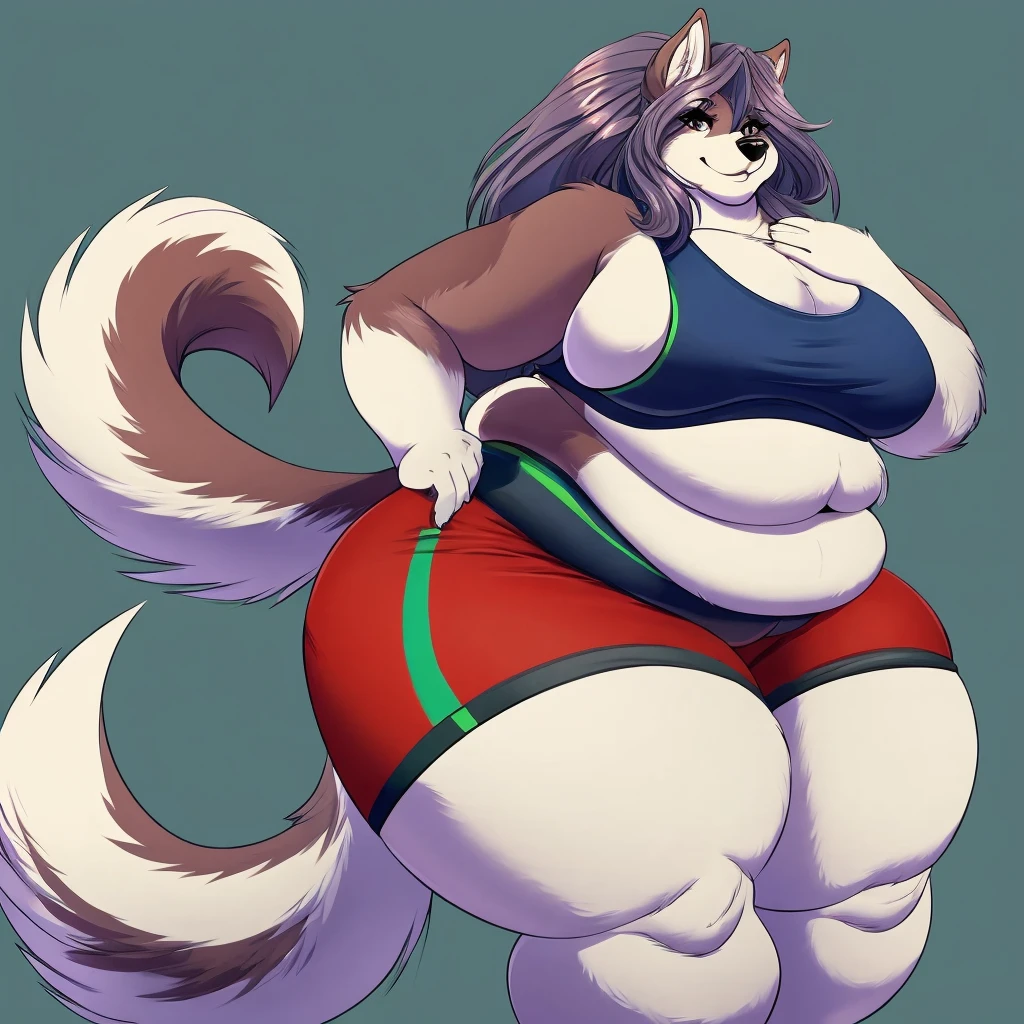 Malamute, female, long hair, gorgeous, beautiful, eyelashes, voluptuous, plump, belly rolls, fat arms, fat legs, ,tank top, shorts ,huge saggy breasts , ,cute,fringe on eye,heavy top, huge hips huge thighs heavy bottom ,sports bra,sports shorts, simple background , morbidly obese, belly rolls, fat rolls, belly rolls,belly overhang,rolled up tail, light green fur,white fur