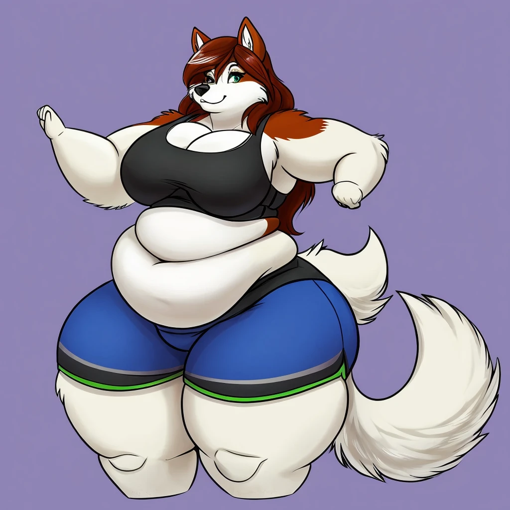Malamute, female, long hair, gorgeous, beautiful, eyelashes, voluptuous, plump, belly rolls, fat arms, fat legs, ,tank top, shorts ,huge saggy  , ,cute,fringe on eye,heavy top, huge  huge thighs heavy bottom ,sports bra,sports shorts, simple background , morbidly obese, belly rolls, fat rolls, belly rolls,belly overhang,rolled up tail, light green fur,white fur